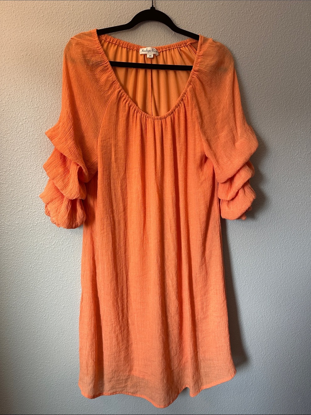Indigo Rose Orange Ruffle-Sleeve Gauze Dress  XXL